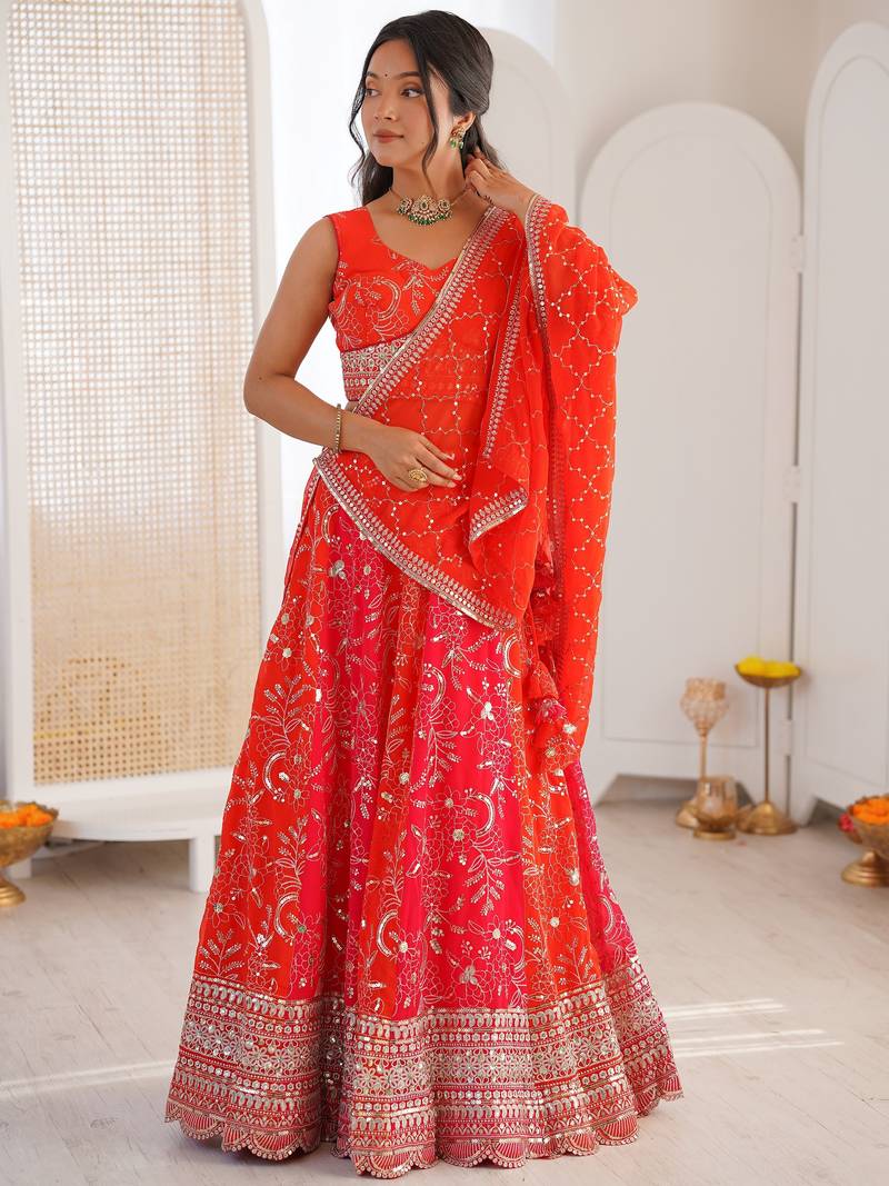 Stunning Orange Thread Work Georgette Function Wear Lehenga Choli