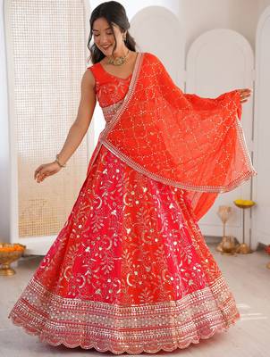 Stunning Orange Thread Work Georgette Function Wear Lehenga Choli 2