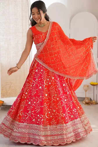 Stunning Orange Thread Work Georgette Function Wear Lehenga Choli