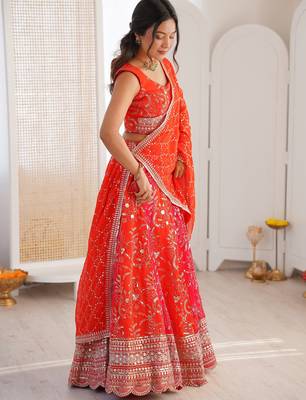 Stunning Orange Thread Work Georgette Function Wear Lehenga Choli 3