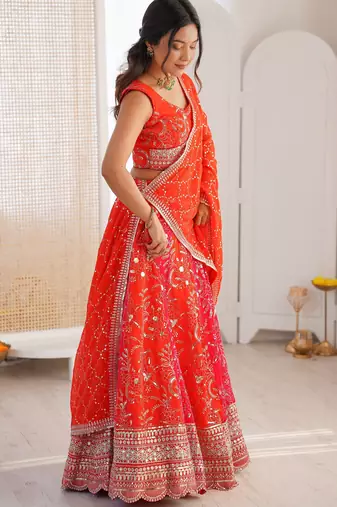 Stunning Orange Thread Work Georgette Function Wear Lehenga Choli