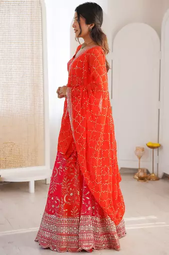 Stunning Orange Thread Work Georgette Function Wear Lehenga Choli