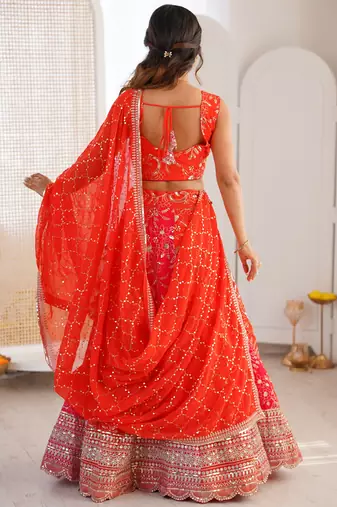 Stunning Orange Thread Work Georgette Function Wear Lehenga Choli