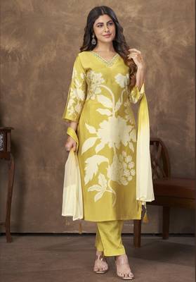 YELLOW DIGITAL PRINTED PREMIUM CHANDERI WITH HANDWORK WOMENS PARTY WEAR KURTI SET 1