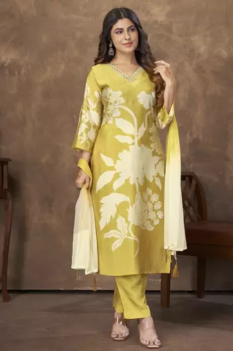 YELLOW DIGITAL PRINTED PREMIUM CHANDERI WITH HANDWORK WOMENS PARTY WEAR KURTI SET
