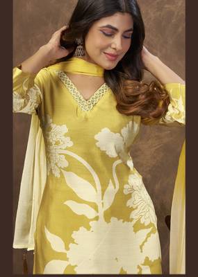 YELLOW DIGITAL PRINTED PREMIUM CHANDERI WITH HANDWORK WOMENS PARTY WEAR KURTI SET 2