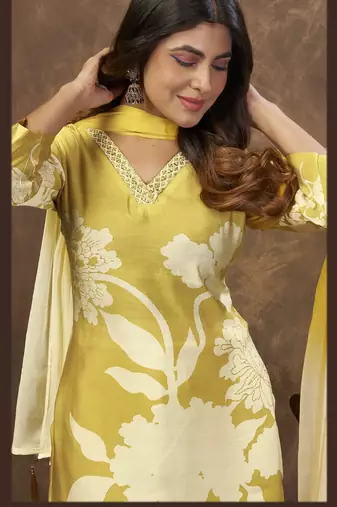 YELLOW DIGITAL PRINTED PREMIUM CHANDERI WITH HANDWORK WOMENS PARTY WEAR KURTI SET