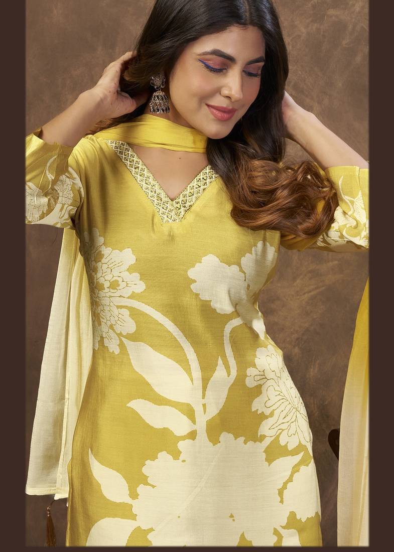 YELLOW DIGITAL PRINTED PREMIUM CHANDERI WITH HANDWORK WOMENS PARTY WEAR KURTI SET