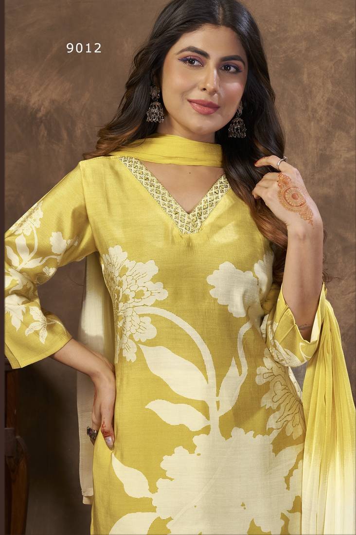 YELLOW DIGITAL PRINTED PREMIUM CHANDERI WITH HANDWORK WOMENS PARTY WEAR KURTI SET