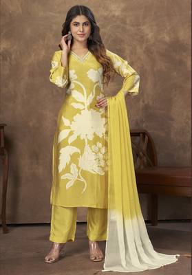 YELLOW DIGITAL PRINTED PREMIUM CHANDERI WITH HANDWORK WOMENS PARTY WEAR KURTI SET 4