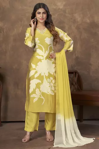 YELLOW DIGITAL PRINTED PREMIUM CHANDERI WITH HANDWORK WOMENS PARTY WEAR KURTI SET