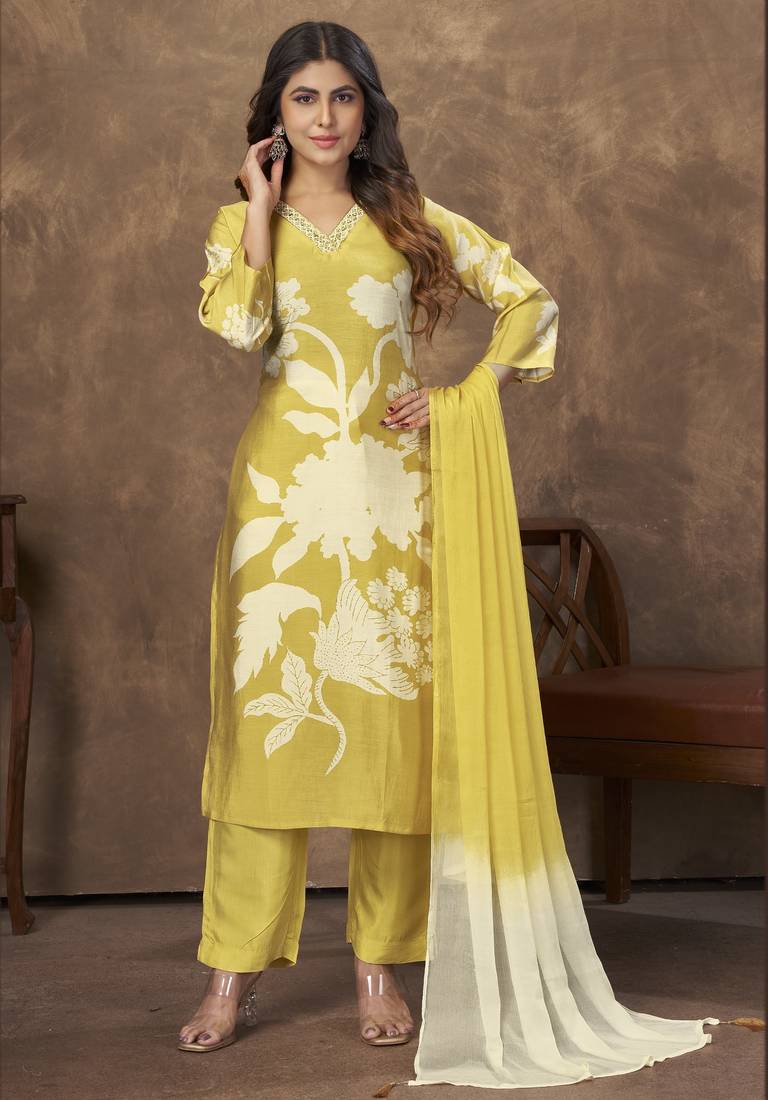 YELLOW DIGITAL PRINTED PREMIUM CHANDERI WITH HANDWORK WOMENS PARTY WEAR KURTI SET