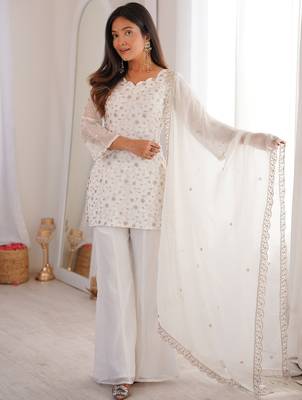 White Sequins Silk Festive Wear Pant Suit 1