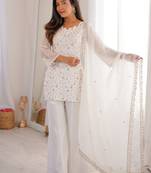 White Sequins Silk Festive Wear Pant Suit