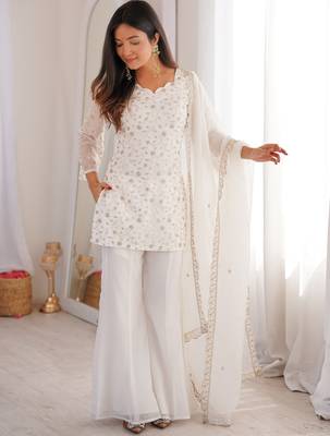 White Sequins Silk Festive Wear Pant Suit 2