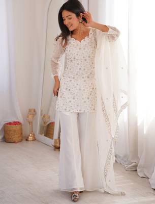 White Sequins Silk Festive Wear Pant Suit 4