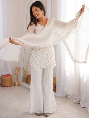 White Sequins Silk Festive Wear Pant Suit 5