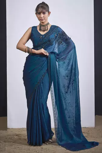 Teal blue cut dana sequin embroidered work two tone satin silk saree sari