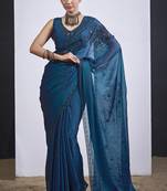 Teal blue cut dana sequin embroidered work two tone satin silk saree sari