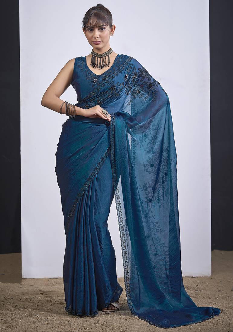 Teal blue cut dana sequin embroidered work two tone satin silk saree sari
