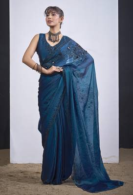 Teal blue cut dana sequin embroidered work two tone satin silk saree sari 2