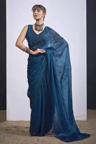 Teal blue cut dana sequin embroidered work two tone satin silk saree sari