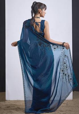 Teal blue cut dana sequin embroidered work two tone satin silk saree sari 3