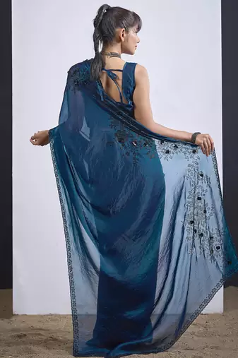 Teal blue cut dana sequin embroidered work two tone satin silk saree sari