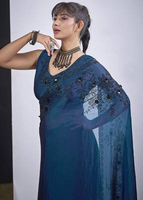 Teal blue cut dana sequin embroidered work two tone satin silk saree sari 4