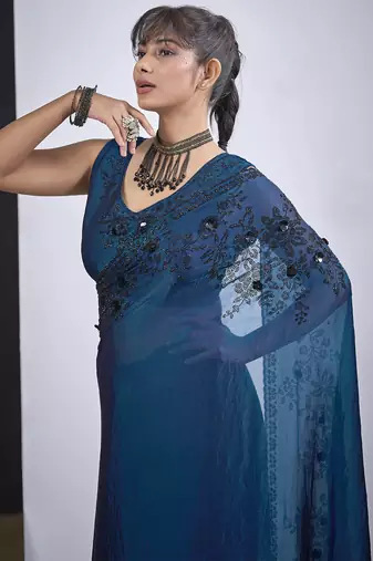 Teal blue cut dana sequin embroidered work two tone satin silk saree sari