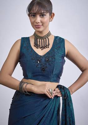 Teal blue cut dana sequin embroidered work two tone satin silk saree sari 5