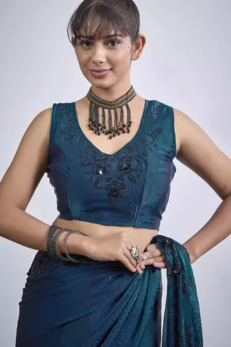 Teal blue cut dana sequin embroidered work two tone satin silk saree sari