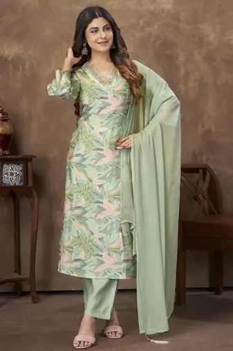 LIGHT GREEN DIGITAL PRINTED PREMIUM CHANDERI WITH HANDWORK WOMENS PARTY WEAR KURTI SET