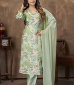 LIGHT GREEN DIGITAL PRINTED PREMIUM CHANDERI WITH HANDWORK WOMENS PARTY WEAR KURTI SET