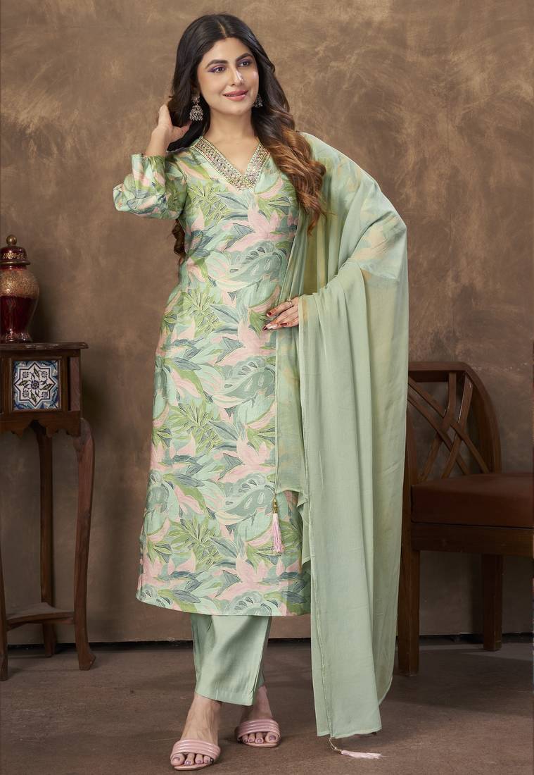 LIGHT GREEN DIGITAL PRINTED PREMIUM CHANDERI WITH HANDWORK WOMENS PARTY WEAR KURTI SET