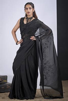 Black cut dana sequin embroidered work two tone satin silk blend saree sari 1