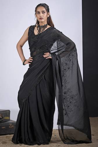 Black cut dana sequin embroidered work two tone satin silk blend saree sari