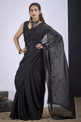 Black cut dana sequin embroidered work two tone satin silk blend saree sari