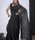 Black cut dana sequin embroidered work two tone satin silk blend saree sari