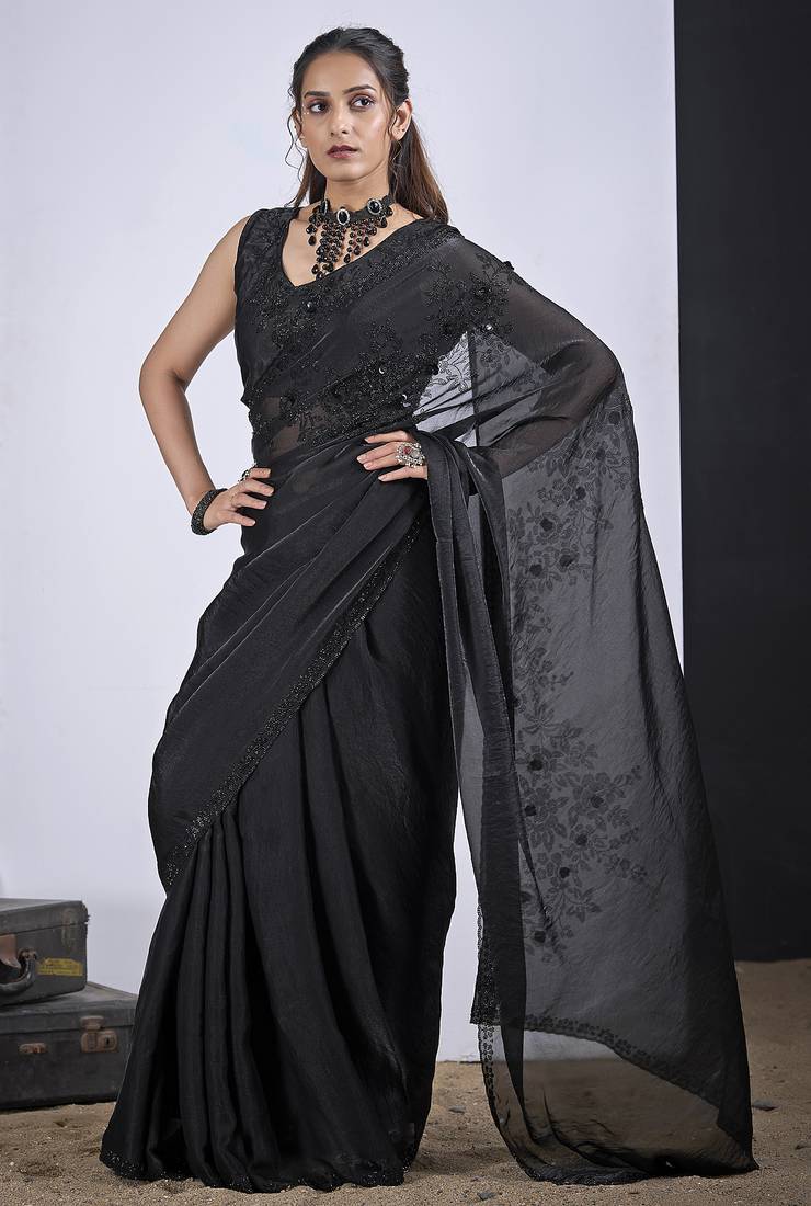 Black cut dana sequin embroidered work two tone satin silk blend saree sari