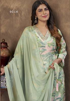LIGHT GREEN DIGITAL PRINTED PREMIUM CHANDERI WITH HANDWORK WOMENS PARTY WEAR KURTI SET 2