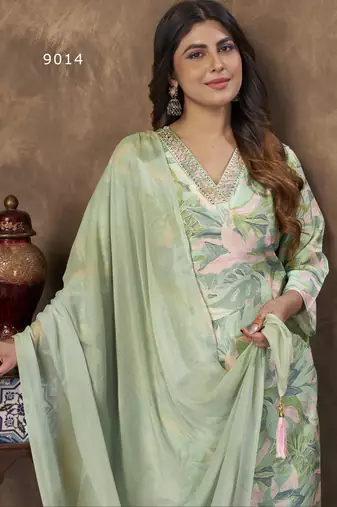 LIGHT GREEN DIGITAL PRINTED PREMIUM CHANDERI WITH HANDWORK WOMENS PARTY WEAR KURTI SET