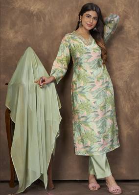 LIGHT GREEN DIGITAL PRINTED PREMIUM CHANDERI WITH HANDWORK WOMENS PARTY WEAR KURTI SET 3