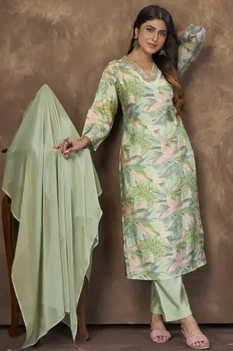 LIGHT GREEN DIGITAL PRINTED PREMIUM CHANDERI WITH HANDWORK WOMENS PARTY WEAR KURTI SET