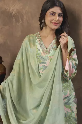 LIGHT GREEN DIGITAL PRINTED PREMIUM CHANDERI WITH HANDWORK WOMENS PARTY WEAR KURTI SET