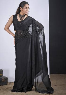 Black cut dana sequin embroidered work two tone satin silk blend saree sari 2