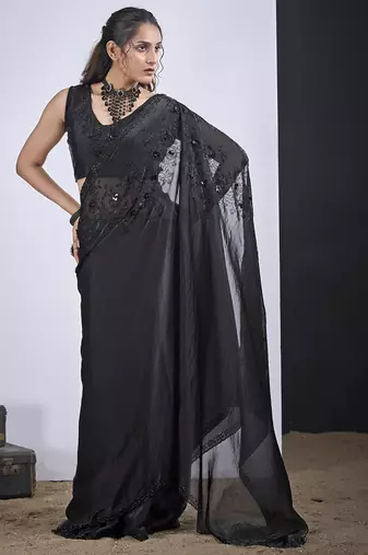 Black cut dana sequin embroidered work two tone satin silk blend saree sari