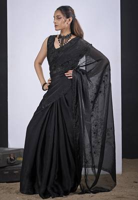 Black cut dana sequin embroidered work two tone satin silk blend saree sari 3