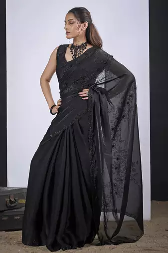 Black cut dana sequin embroidered work two tone satin silk blend saree sari