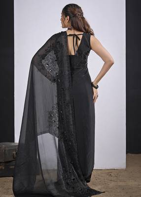 Black cut dana sequin embroidered work two tone satin silk blend saree sari 4